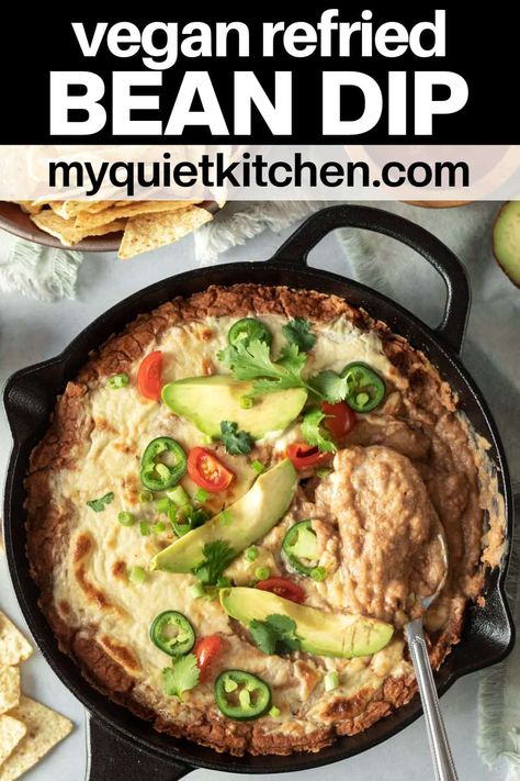 Vegan Refried Bean Dip Vegan Refried Bean Dip, Vegan Refried Beans Recipes, Vegan Bean Dip Recipes, Wfpb Appetizers, Vegan Bean Dip, Wfpb Snacks, Vegan Refried Beans, Mexican Ideas, Refried Bean Dip