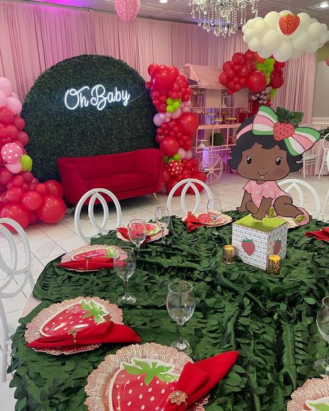 Strawberry Birthday Theme Ideas, Strawberry Shortcake Baby Shower Treats, Baby Shower Strawberry Shortcake, Strawberry Shortcake Decorations, Black Strawberry Shortcake, Strawberry Baby Shower Ideas, Strawberry Themed Baby Shower Ideas, Strawberry Shortcake Baby Shower Ideas, Strawberry Shortcake Baby Shower Theme