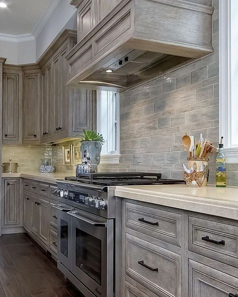 Knotty alder cabinets Grey Stained Kitchen Cabinets, Backsplash Herringbone, Stained Kitchen Cabinets, Dark Countertops, Traditional Interior Design, Grey Cabinets, Grey Kitchens, Kitchen Redo, Grey Kitchen