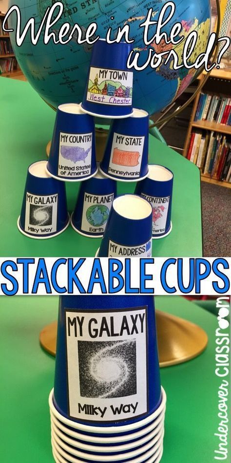 This blog post has some FREE editable cup labels for teaching about geography. Students unstack the cups to reveal their planet, continent, country, state, town, and address. Just edit to suit your needs. Then print, cut, and paste to some cups. Geography For Kids, Geography Activities, Kindergarten Social Studies, Teaching Geography, Homeschool Social Studies, Homeschool Geography, Map Skills, Social Studies Elementary, Social Studies Activities