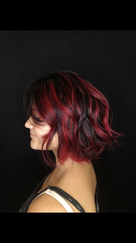 Short Black Hair With Red Underneath, Black And Red Hair Ideas Short, Black And Red Dyed Hair Short, Red Streak In Brown Hair, Black And Red Ombre Hair Short, Black Roots Red Hair, Red And Black Hair Short Alt, Short Dark Brown Hair, Short Dyed Hair