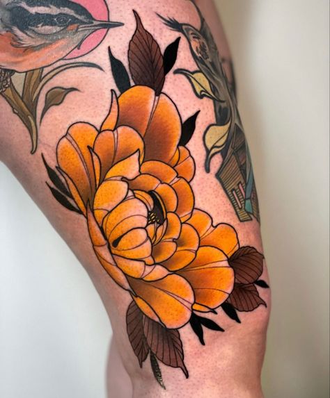 Yellow peony tattoo on a leg Yellow Peony Tattoo, Convention Tattoo, Peony Flower Tattoos, Yellow Peony, Traditional Tattoo Flowers, Neotraditional Tattoo, Peony Tattoo, Poppies Tattoo, Delicate Tattoo