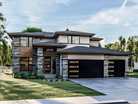 050H-0311: Modern Two-Story House Plan; 2655 sf Modern Prairie, Palmer House, Prairie House, Prairie Style Houses, Two Story House, Contemporary House Exterior, Monster House Plans, Modern Style House Plans, American House