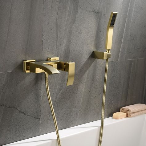 Waterfall Bathtub, Wall Mounted Bath Taps, Wall Mount Tub Faucet, Bathtub Filler, Waterfall Wall, Roman Tub Faucets, Waterfall Design, Gold Bathroom, Bath Taps