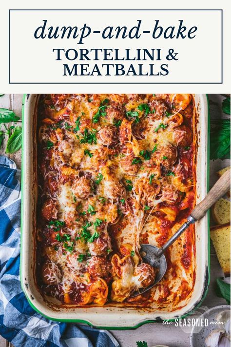 With this easy dump-and-bake dinner, frozen tortellini and frozen meatballs go straight into the oven in one dish -- no boiling or thawing necessary! With rich marinara, bold red wine, zesty red pepper, herbs, spices, and two different types of cheese, this tortellini and meatballs is a hearty, flavorful casserole for your busiest weeknights. Tortellini And Meatballs, Frozen Tortellini, Different Types Of Cheese, Bake Dinner, Tortellini Bake, Tortellini Recipes, Baked Dinner, Frozen Meatballs, Baked Casserole