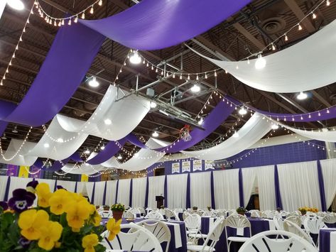 Ceiling draping in a gym Cloth Ceiling, Curtain Ceiling, Prom Decorations, Outdoor Wedding Lighting, Ceiling Draping, Prom 2022, Event Decor Direct, Easter 2023, Winter Dance