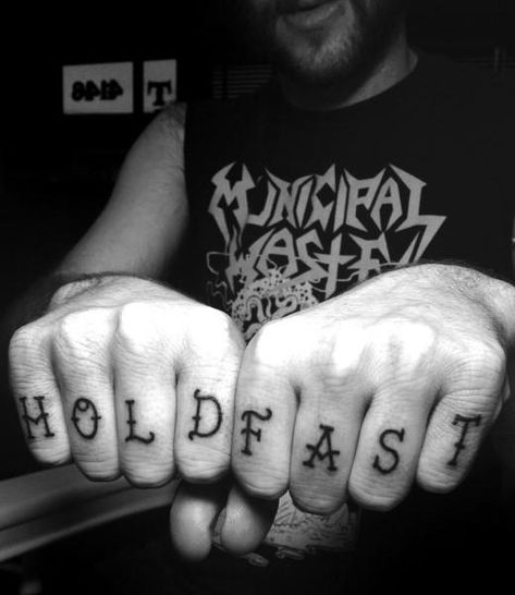 Man With Hold Fast Knuckle Tattoo In Black Ink Hold Fast Tattoo, Knuckles Tattoo, Wing Tattoo Men, Sailor Tattoos, Sailor Tattoo, Knuckle Tattoos, Back Of Shoulder Tattoo, Nautical Tattoo, Hold Fast