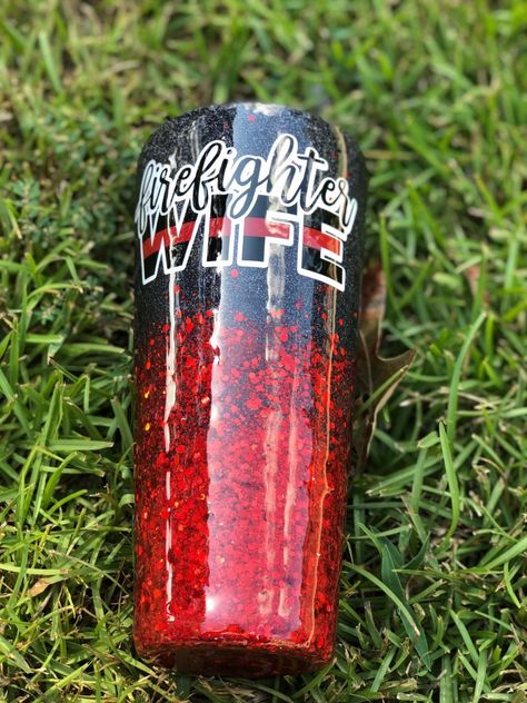 Fire Wife Tumbler, Firefighter Tumbler Ideas, Exopy Tumblers, Firefighter Cups, Firefighters Wife, Firefighter Crafts, Diy Mug Designs, Christmas Picture Books, Crafts 2023