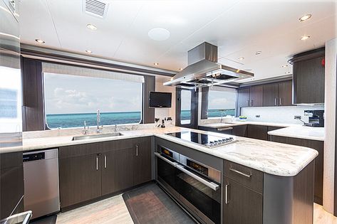 Photo: No Bad Ideas yacht galley | SuperYacht Times Yacht Galley, Yacht Kitchen, Teak Interior, Boat Galley, Diesel Brand, Cruise Liner, Yacht For Sale, Motor Yacht, Luxury Yachts