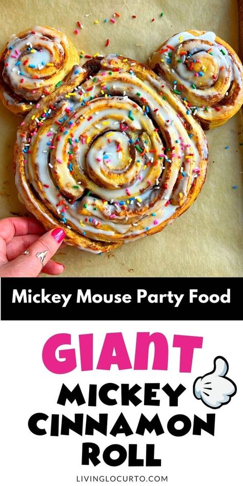 A Giant Mickey Cinnamon Roll is an easy recipe for a little Disney magic at home. This is such a fun Mickey Mouse party food idea to celebrate a birthday or upcoming Disney trip. No need for pixie dust, just canned cinnamon rolls, candy sprinkles and some creative imagination makes this colossal Disney themed treat pure magic! LivingLocurto.com Disneyland Treats Diy, Animal Kingdom Snacks, Mickey Mouse Party Food, Canned Cinnamon Rolls, Bun Recipes, Disney Inspired Recipes, Beach 2023, Pillsbury Cinnamon Rolls, Themed Recipes