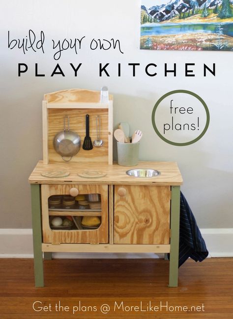 More Like Home: Sweet & Simple Play Kitchen Plans Play Kitchen Plans, Coffee Table Arrangment, Kids Wooden Kitchen, Kids Workbench, Diy Kids Kitchen, Preppy Bedroom Decor, Kitchen Sets For Kids, Preppy Bedroom, Wooden Play Kitchen