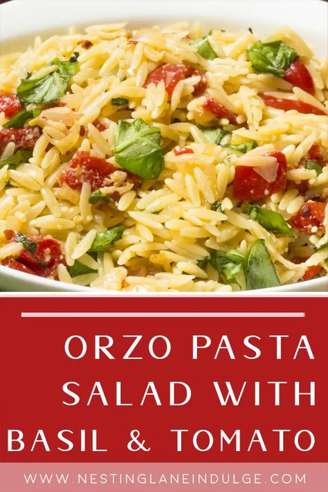 Orzo Pasta Salad with Basil and Tomato Recipe. Made with fresh basil leaves, sun-dried tomatoes, extra-virgin olive oil, and grated Parmesan cheese, this salad is full of flavor. It's also versatile enough to add your favorite veggies or protein for a complete meal. Serve it chilled or warm at your next summer barbecue, potluck, or weeknight dinner. Enjoy a refreshing and satisfying dish with our Orzo Pasta Salad with Basil and Tomato. Orzo Tomato Salad, Orzo Sun Dried Tomato Salad Recipes, Orzo Pasta Salad Sun Dried Tomatoes, Orzo Pasta Recipes Side Dishes, Tomato Basil Orzo, Pasta Salad With Basil, Mediterranean Orzo Pasta Salad, Orzo Pasta Recipes, Vegetarian Pasta Salad