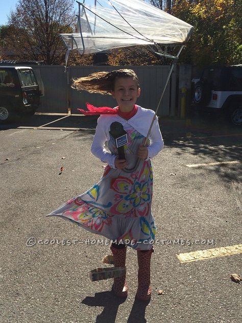 Dress Like The Weather Costume, Weather Girl Costume, Wind Halloween Costume, Wind Blown Costume, Weather Reporter Costume, Weather Woman Costume, Costumes With Umbrellas, Wind Costume Ideas, Weather Man Costume