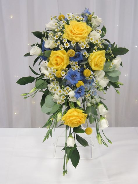 Cascade of blue and yellow Wedding Flowers Eucalyptus, Glass Bottles Wedding, Wedding Flowers Reception, Cheap Wedding Ideas, Wedding Flowers White, Yellow Blue Flowers, September Wedding Flowers, Inexpensive Wedding Flowers, Wedding Flowers Greenery