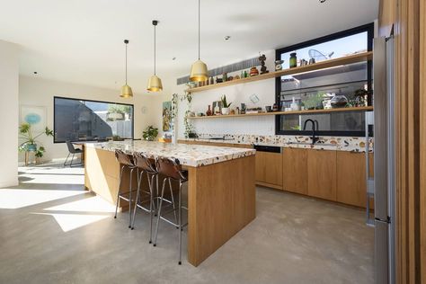 KITCHEN, MELBOURNE Terrazzo Kitchen Counter, Terrazzo Counter, Terrazzo Kitchen, Max Lamb, Kitchen Benchtops, Timber Battens, Light Wood Cabinets, Eclectic Kitchen, Curved Walls