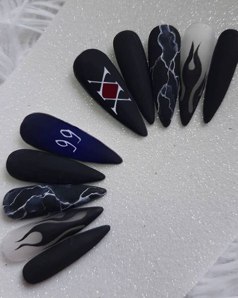 Anime Based Nails, Hunter X Hunter Nail Designs, Ninja Nails Designs, Scaramouche Inspired Nails, Phantom Troupe Nails, Bleach Nails Anime, Black Clover Nails, Tokyo Ghoul Nails Designs, Subtle Anime Nails