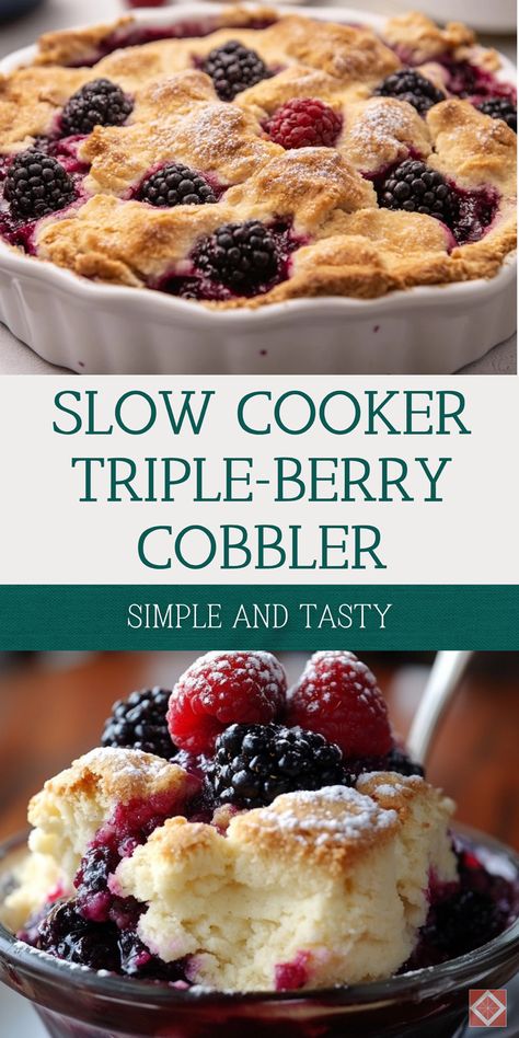 Discover how easy it is to make a sweet and delicious triple-berry cobbler in your slow cooker. Perfect for your slow cooker recipes collection, this dessert is bursting with berry flavors and is simple to prepare. Save this pin and click for the complete recipe and detailed instructions. Indulge in a warm and comforting treat that’s perfect for any night. Crockpot Berry Cobbler, Slow Cooker Cobbler, Dessert Crockpot, Crockpot Cobbler, Triple Berry Cobbler, Mixed Berry Cobbler, Crockpot Desserts, Berry Cobbler Recipes, Vegetarian Slow Cooker Recipes