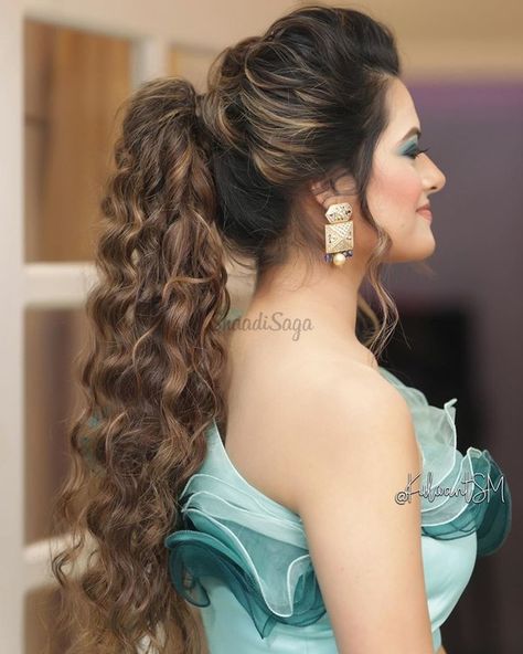 Ponytail Hairstyles For Sangeet, Ponytail Hairstyles For Bride, Haïr Style For Wedding Guest, Engagement Hairstyle, Messy Ponytail Hairstyles, Wedding Ponytail Hairstyles, Bun Design, Stylish Ponytail, Pony Hairstyles