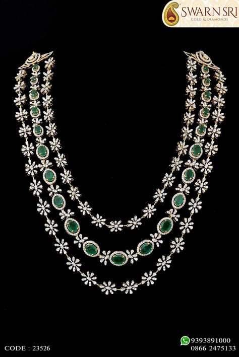 Long bridal 3 layered diamond and emarald necklace Long Diamond Necklace, Diamond Necklace Indian, Bridal Diamond Necklace, Indian Wedding Jewelry Sets, Buy Gold Jewelry, Diamond Necklace Designs, Bridal Accessories Jewelry, Bridal Diamond Jewellery, Bracelet Diamond