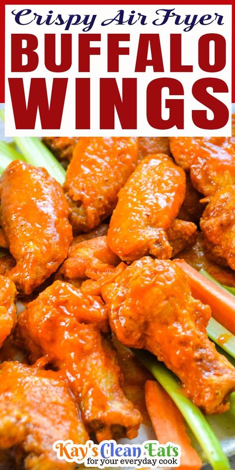 These Air Fryer buffalo wings are extra crispy and made with a finger licking buffalo sauce. You can eat them for lunch, dinner, or serve them as an appetizer. These are best served with your favorite dipping sauce, enjoy restaurant-quality wings in the comfort of your own home. I love these extra crispy buffalo wings. These are made in the air fryer and are low carb and Keto friendly! But that aside these are downright delicious and perfect to serve on game day... | @kayscleaneats Air Fryer Buffalo Chicken Wings Recipe, Air Fried Buffalo Wings, Air Fryer Buffalo Wings Crispy, Buffalo Wings Recipe Air Fryer, Healthy Buffalo Wings, Buffalo Wings In Air Fryer, Buffalo Wings Air Fryer, Wings Flavors, Air Fryer Buffalo Wings