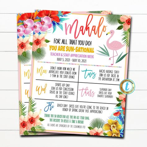 Hawaiian School Theme, Hawaiian Teacher Appreciation Week, Employee Thank You, School Pto, Flamingo Theme, Tropical Hawaii, Company Picnic, Hawaiian Theme, Event Flyer Templates