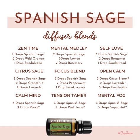 Doterra Spanish Sage Diffuser Blends, Spanish Sage Essential Oil, Spanish Sage Diffuser Blends, Doterra Oils Recipes, Doterra Diffuser, Doterra Oil, Doterra Diffuser Blends, Essential Oil Combinations, Diy Scent