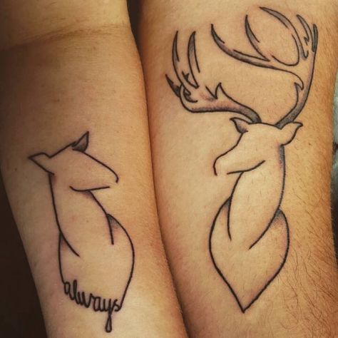 12 Awesome Buck and Doe Tattoo Designs | PetPress Buck And Doe Tattoo, Always Harry Potter Tattoo, Wedding Rings Tattoo, High Heel Tattoos, Tattoo Deer, Doe Tattoo, Couple Tat, Stag Tattoo, Rings Tattoo