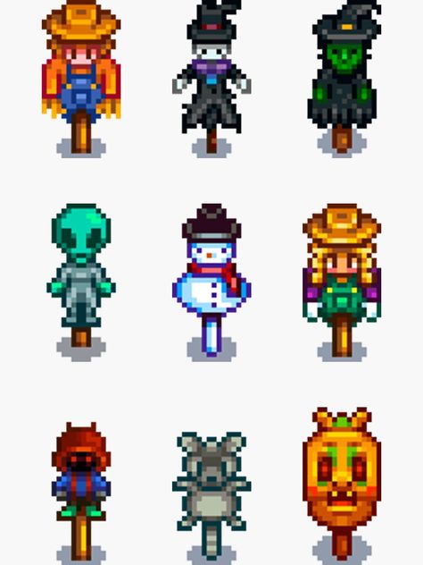 "Stardew Valley Scarecrow and Rarecrows" Sticker for Sale by simstock | Redbubble Stardew Valley Iridium Ore, Stardew Valley Birthdays, Stardew Valley Scarecrow, Stardew Valley Halloween, Stardew Valley Birthday Party, Stardew Pixel Art, Stardew Valley Party, Stardew Valley Pixel Art Grid, Stardew Perler