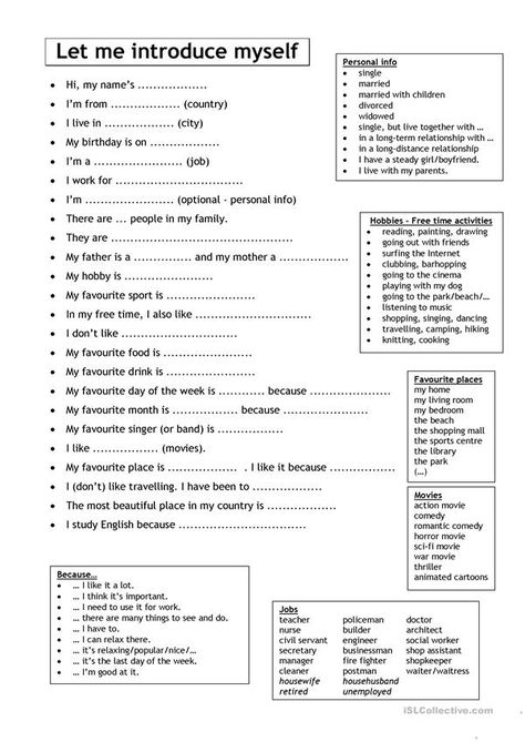 Let me introduce myself (for Adults) - English ESL Worksheets Get To Know You For Adults, Fun Worksheets For High School, All About Me Questions For Adults, About Me Worksheet High School, All About Me Worksheet For Adults, Fill In The Blanks Worksheets For Adults, Getting To Know You Worksheet, Getting To Know Me Template, Getting To Know Coworkers Questions