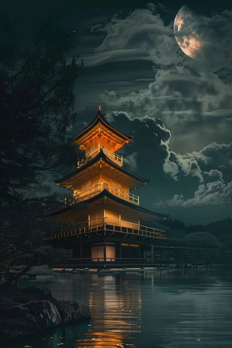 A golden Japanese temple illuminated by the full moon, surrounded by dark clouds and shimmering water. The scene is rendered in the style of anime with high resolution and a touch of fantasy --v 6 Japanese Temple Art, Golden Japanese, Shimmering Water, Japanese Temple, Temple Art, Golden Temple, Dark Clouds, The Full Moon, Japanese Anime