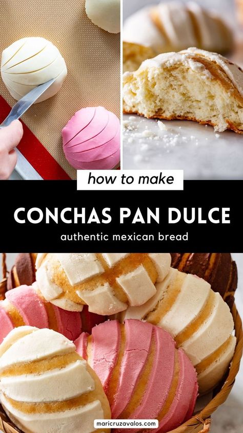 A collage with 3 photos of conchas and recipe process with text overlay. Concha Bread Recipe, Conchas Recipe, Conchas Pan, Mexican Conchas, Traditional Mexican Desserts, Mexican Pan Dulce, Mexican Bakery, Mexican Sweets, Mexican Sweet Breads