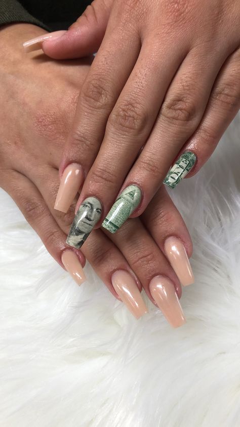 Dollar Bill Nails, Dollar Nails, Money Nails, Edgy Nails, Dollar Bills, Acrylic Nails Coffin Pink, Pretty Pins, White Tip, Uñas Acrilicas