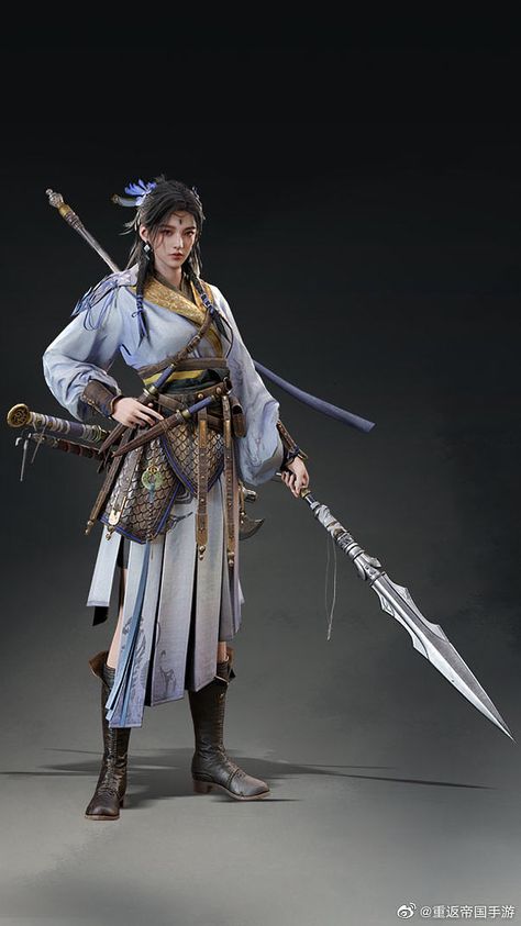 Spear Character Art, Chinese Warrior Art, Female Cultivator, Chinese Female Warrior, Chinese Spear, Superhero Art Projects, Chinese Warrior, Armadura Medieval, Female Fighter