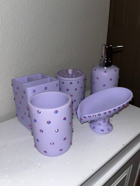 Matte Pink or Purple Diamond accent bath accessories!! these are sets they come with everything you see pictured these are made of heavy thick resin and  the purple has purple AB  jelly rhinestones scattered all over and the pink has light rose pink Glass diamond rhinestones scattered all over ( they do look silver in the pictures  but they are pink rhinestones)  1 soap dispenser  1 soap dish  1 toothbrush holder  1 mini organizer w/ lid  1 cup Accent Bathroom, College Dorm Checklist, Purple Bathroom Decor, Purple Items, Mini Organizer, Dorm Checklist, Purple Bathroom, Purple Bathrooms, Dream Apartment Decor