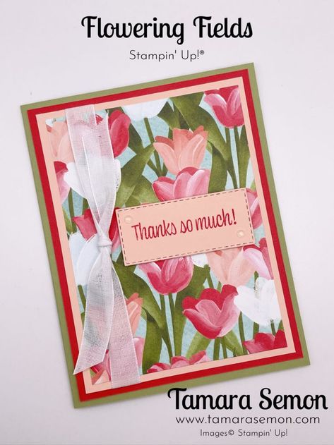 I created this card for a recent blog hop using the new Flowering Fields DSP by Stampin' Up!. The whole pack of paper is just beautiful! Place your order here today: https://www.stampinup.com?demoid=2248801 Check out my blog for all the details: https://www.tamarasemon.com/2022/01/stampin-up-blog-hop-january-2022.html #stampinup #stampinupdemonstrator #rubberstamping #stamping #cardmaking #cardmaker #rubberstamp #papercraft #create #cards #diy #floweringfields #tulips #tamarasemon Stampin Up Easter, Sweet As A Peach, Tulips Card, Bone Folder, Spring Cards, Stamping Up Cards, Card Sketches, Card Layout, Paper Crafts Cards