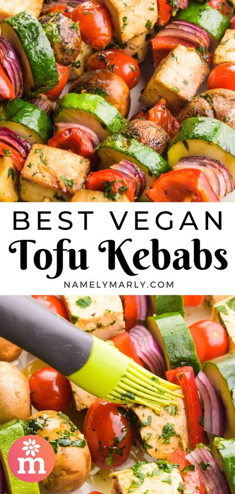 These Vegan Tofu Kebabs will make summer meals extra special! Made with marinated tofu and veggies, it's the BEST every grilling recipe. #vegankebabs #vegankebabsrecipe #vegankebab #vegan #summer2021 #vegansummerrecipes #namelymarly Tofu Kebab, Vegan Kebab, Tofu And Veggies, Roasted Tofu, Vegan Taco Salad, Creamy Soup Recipes, Vegan Meatloaf, Vegan Beef, Vegan Summer Recipes