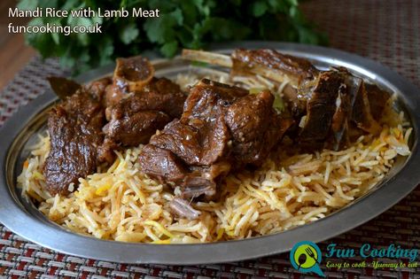 mandi-rice-with-lamb-meat Lamb Breyani Recipes, Lamb Mandi, Lamb Kabsa Recipe, Chicken Biryani Recipe Indian, Mutton Mandi, Mandi Rice Recipes, Lamb Biryani Recipe Easy, Beef Mandi, Halal Lamb And Chicken Over Rice