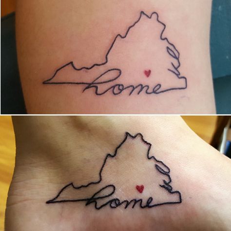 #matching #Virginia #home #tattoos by Laura Carney! #KissofInktattoo #travel #traveltattoo Wv Tattoo Ideas, Wv Tattoo, Virginia Tattoo Ideas, Virginia State Flower Tattoo, West Virginia Tattoo, Tattoo License, Virginia Tattoo, Scottish Tattoo, West Virginia State Outline