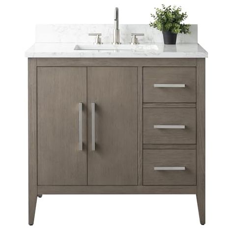 HomeBeyond 36 Inch Bathroom Vanity with Sink & Ceramic Top, Single Vanity Cabinet with Basin, Soft-Closing Doors&Brushed Nickel Hardware, Driftwood Gray 36 Inch Bathroom Vanity, Vanity Art, Bathroom Sink Cabinets, Bathroom Vanity With Sink, Vanity With Sink, Wood Bath, Removable Shelves, Single Sink Vanity, Bath Cabinets