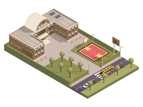 Basketball Ground, Street Background, Daycare Design, Minecraft City, Isometric Art, Recreation Centers, School Building, Free Vectors, School Design