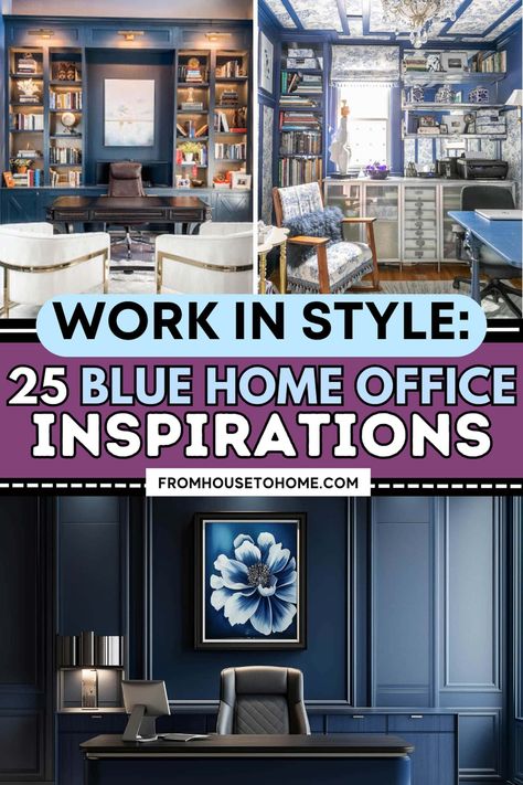 work in style: 25 blue home office inspirations Navy Wall Office Ideas, Home Office With Blue Accents, Periwinkle Office Ideas, Navy Blue Home Office Ideas, Home Office Ideas Blue, Dark Blue Office Design, Blue And Wood Office, Dark Blue Office Ideas, Blue And Grey Office