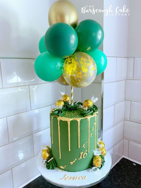 Green and gold drip cake with balloons Green Drip Cake, Green Birthday Cakes, Balloon Clusters, Gold Birthday Cake, Gold Sprinkles, Birthday Cake For Him, Peppa Pig Cake, 16 Cake, 30th Bday