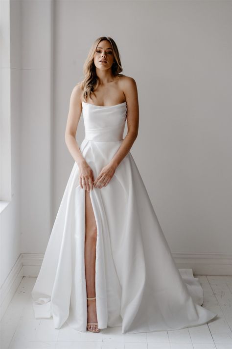 Split Skirt Wedding Dress, Square Strapless Wedding Dress, Scoop Strapless Wedding Dress, Layered Strapless Wedding Dress, Strapless Scoop Neckline, Strapless Wedding Dress Satin, Bride Dress Strapless, Scooped Neckline Wedding Dress, Wedding Dress With Added Skirt