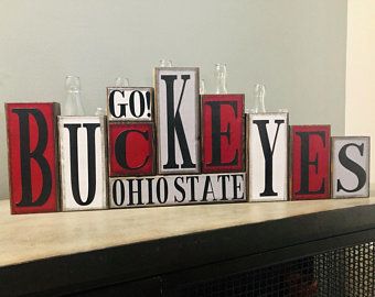 TheCraftEffectShop on Etsy Ohio State Diy, Ohio State Bracelet, Sports Decor, Ohio State Football, Diy Wood Signs, Football Program, Themed Crafts, Ohio State Buckeyes, Wooden Letters