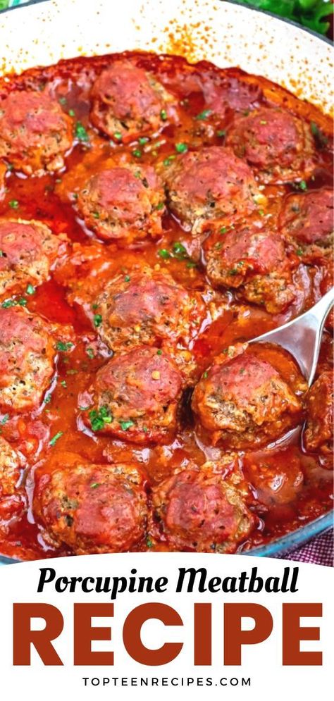 These are not your everyday meatballs. Porcupine meatballs get their name because they are meatballs with rice in them instead of bread crumbs. The rice grains stick out of them making them look sort of like a porcupine. This Porcupine meatball recipe is a fun twist on the Italian classic. Porcupines In A Skillet, Porcupine Balls Recipe, Porkiepine Meatballs, Meatball And Rice Recipes, Porcupine Meatballs Oven, Porkepine Meatballs, Porky Pine Meatballs, Rice And Meatballs, Meatballs And Rice Recipe