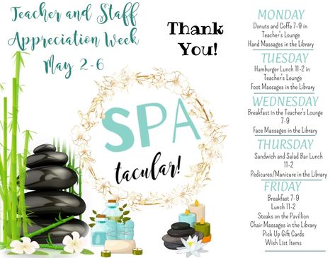 Spa Tacular Teacher Free Printable, Spa Theme Teacher Appreciation Week, Spa Themed Teacher Appreciation, Spa Teacher Appreciation Week, Teacher Appreciation Lunch, Teacher Appreciation Week Themes, Spa Specials, Teachers Lounge, Invert Colors