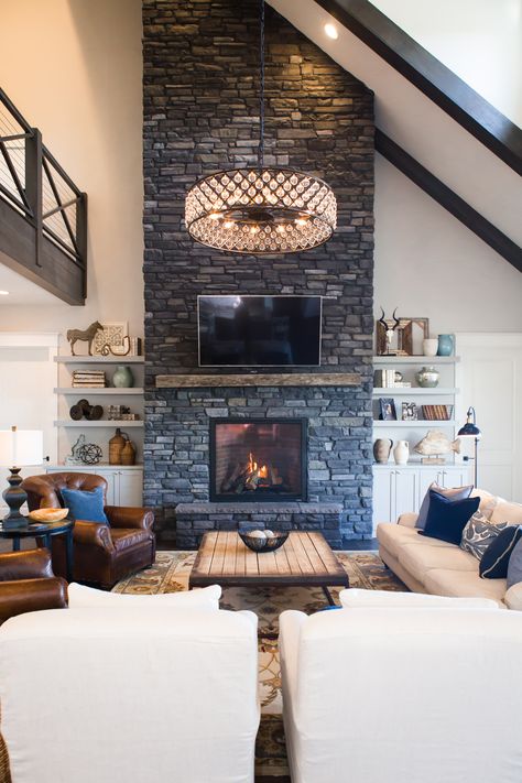 Modern Farmhouse Fireplace Ideas Brick, Brick Fireplace Makeover High Ceiling, Fireplace Ideas With Cathedral Ceilings, Fireplace Design High Ceiling, Fireplace Makeover With Vaulted Ceilings, Living Room With Floor To Ceiling Fireplace, Gas Fireplace Ideas Cathedral Ceiling, Gas Fireplace Ideas Vaulted Ceiling, Fireplace With Slanted Vaulted Ceiling