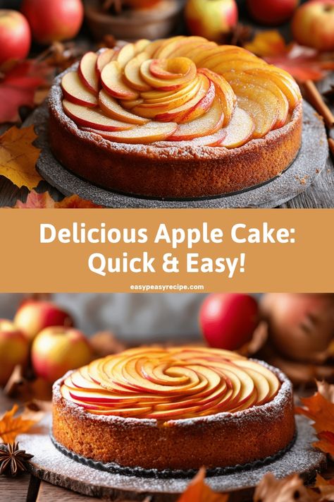 A beautifully arranged apple cake topped with thinly sliced apples dusted with powdered sugar, surrounded by fresh apples and autumn leaves. Easy Apple Cake Recipe, Cake Recipe Moist, Easy Apple Cake, Easy Zucchini Recipes, Apple Cake Recipe, Beginner Recipes, Pot Recipes Healthy, Rich Desserts, Dinner Guests