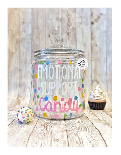 A fun office, candy jar or a perfect receptionist candy jar. Item Description: 5.65 x 5.65 x 8.34 Inches Glass Cookie Jar with lid Half gallon jar. 64oz Design is made with outdoor grade vinyl wording that will stay in tact with proper cleaning care (All items come with a product care card) Item Care: Not Dishwasher/Microwave Safe. For best & long lasting use, gentle hand washing w/mild soap (Do not to scrub/soak the design) is highly recommended to preserve the illustration. Air Dry Only. Candy Jar Ideas For Office, Candy Jar Svg Free, Teacher Candy Jar Sayings, Classroom Candy Jar, Classroom Candy Jar Ideas, Funny Candy Jar Sayings, Candy Dish Ideas For Office, Diy Candy Jars Ideas, Office Candy Jar Ideas