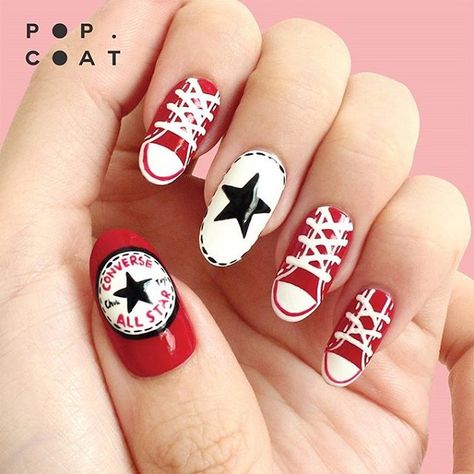 50+ Hot Sporty Nails for Gym Workouts | NAILSPIRATION Nail Doodles Art Designs, Novelty Nails, Converse Nail Art, Sporty Nails, Sneaker Nails, Converse Nails, Nail Polish Style, Nails Inspired, Home Nail Salon